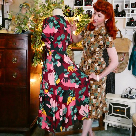 Emily and Fin 1950's Style House Plant & Hidden Cat Wrap Day Dress Sz XS - Picture 7 of 13